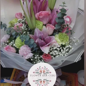 Customized Pink Lily, Rose, and Green Carnation Bouquet