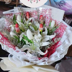 Radiant Crimson of White Lily and Red Tulip Custom Bouquet